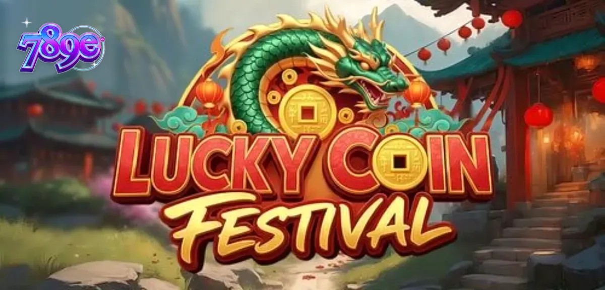 Makulay na disenyo ng Lucky Coin Festival slot na may mga gintong barya at parol.